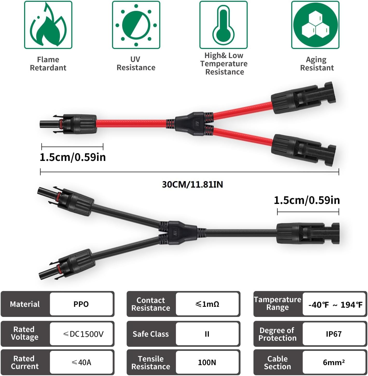 Solar Connectors Y Branch Parallel Adapter 10AWG Cable for Solar Panel (Red & Black)