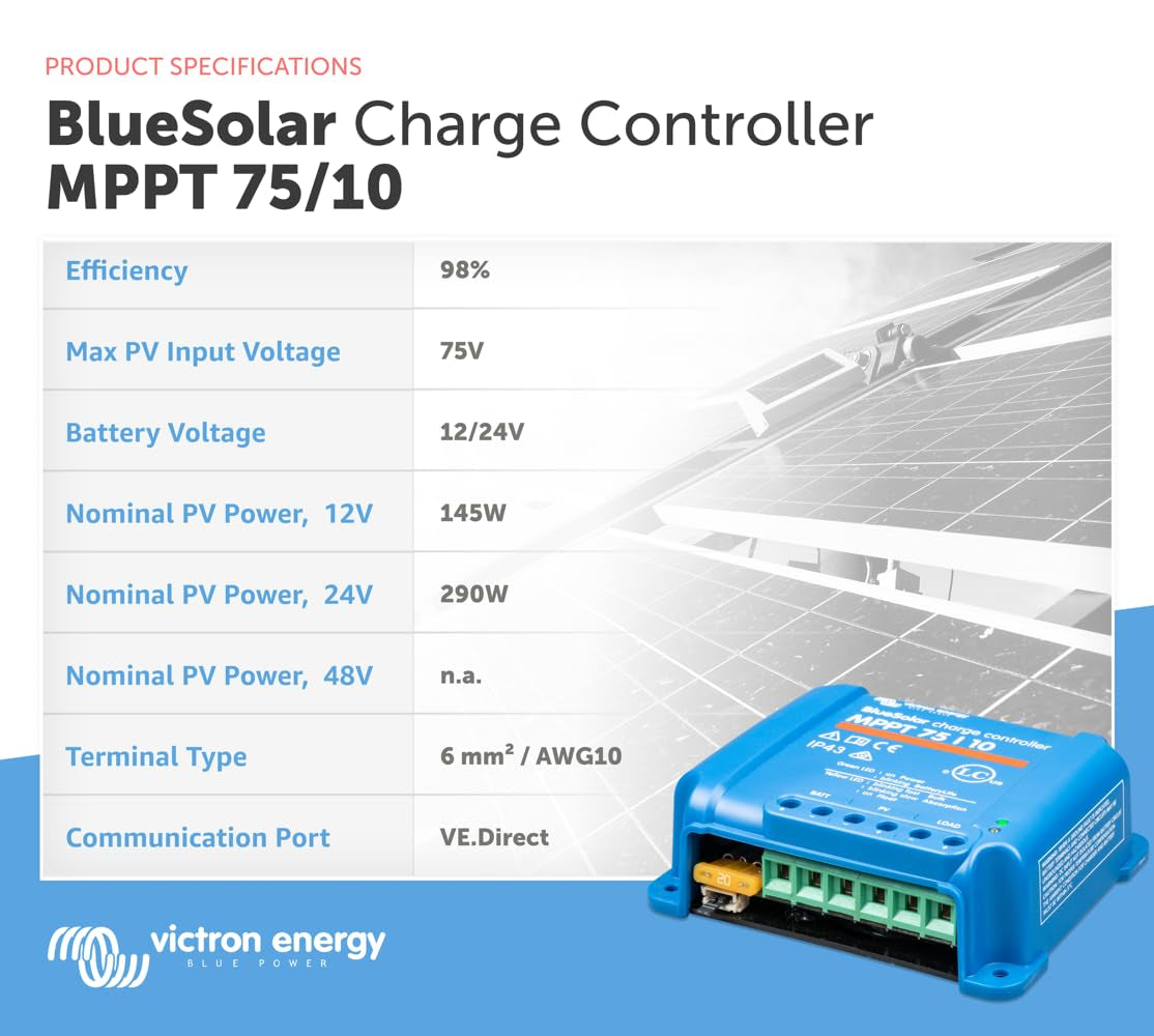 Victron Energy Bluesolar MPPT Solar Charge Controller  75V, 10 Amp, 12/24-Volt