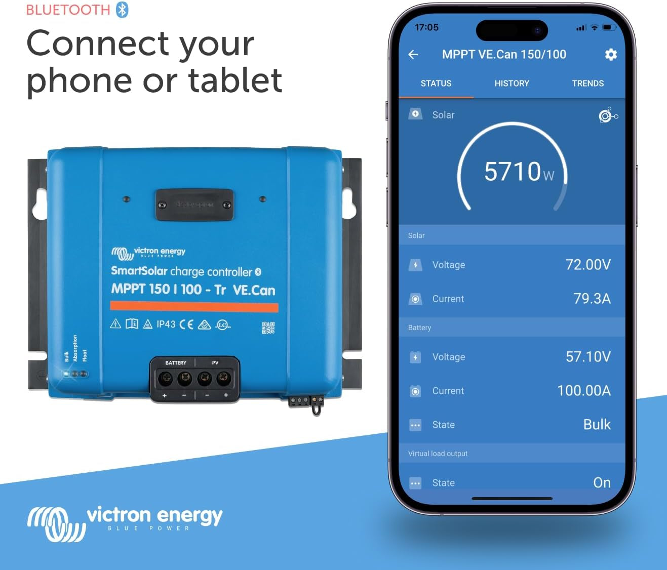 Victron Energy Smartsolar MPPT Tr VE. Can Solar Charge Controller (Bluetooth) - Charge Controllers for Solar Panels - 150V, 100 Amp, 12/24/36/48-Volt