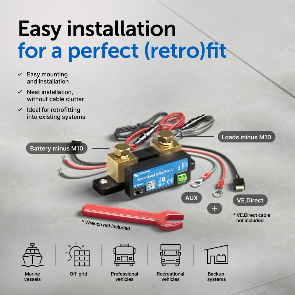 Victron Energy Smartshunt Battery Monitor (Bluetooth) - Victron Smart Shunt - 6.5V-70V, 500 Amp