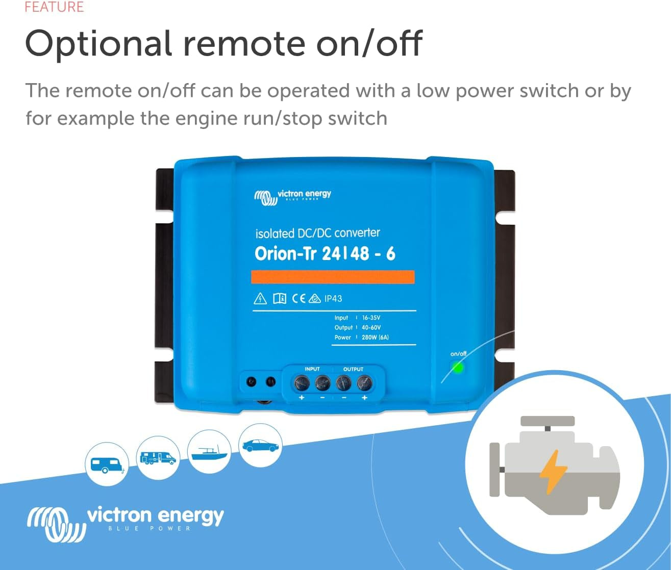 Victron Energy Orion-Tr DC to DC Converter - 24/48-Volt 6 Amp 280-Watt - IP43 Protected - for Dual Battery Systems - Isolated