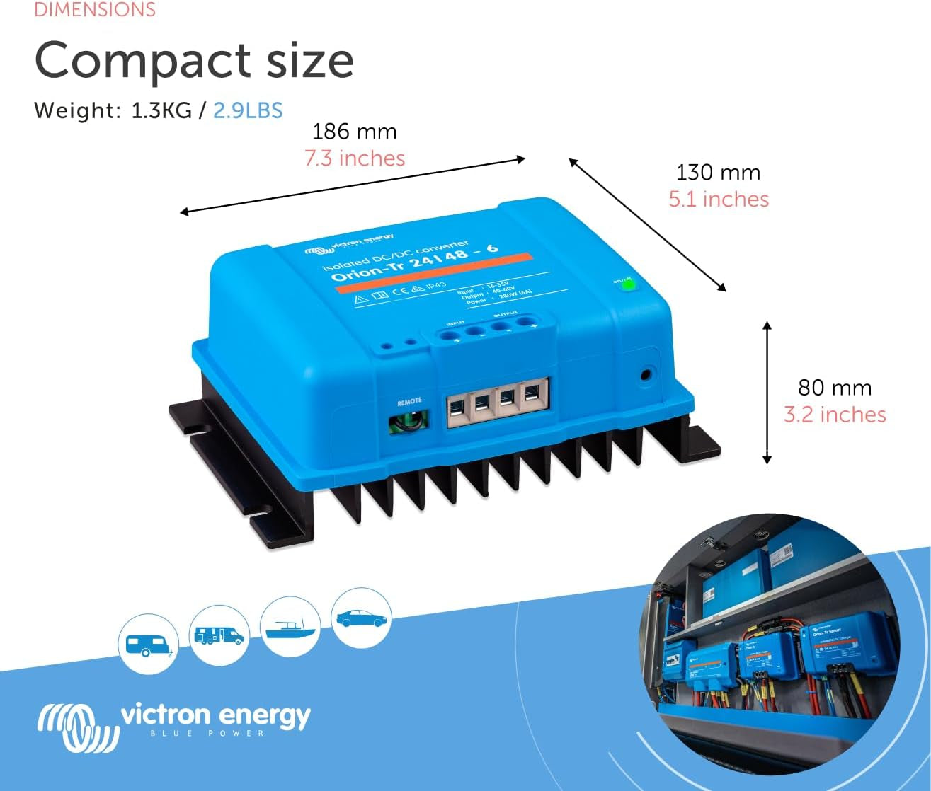 Victron Energy Orion-Tr DC to DC Converter - 24/48-Volt 6 Amp 280-Watt - IP43 Protected - for Dual Battery Systems - Isolated